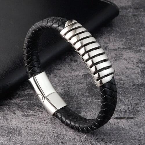 Fashion Men Bracelet Stainless Steel Magnetic Clasps Black Braided Leather Bracelets Cool Male Jewelry Accessories Party Gifts