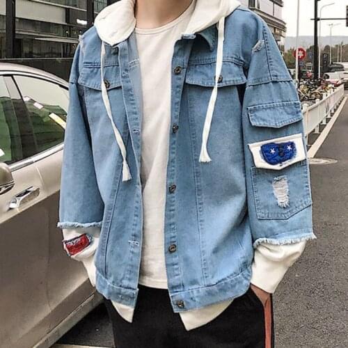 Autumn Men Patchwork Denim Coat Fashion Patch Embroidery Long Sleeve Hooded Ripped Jeans Jacket Hombre Vintage Distressed Jacket