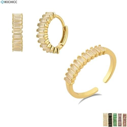 Kikichicc 925 Sterling Silver Milk White Zircon Rings Circle CZ Hoops Earring Resizable Ring Jewelry Set 2020 5 Colors Rainbow