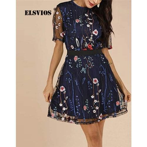 ELSVIOS 2019 Summer Women Floral Embroidery Dress See-through Sheer Mesh Boho Mini A-line Dress Elegant party Dresses Vestidos