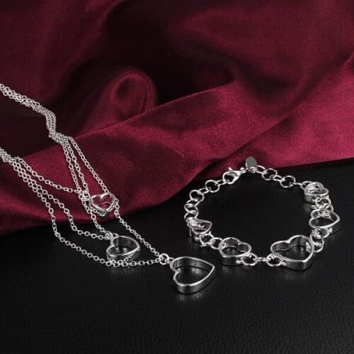 Hot charm 925 sterling Silver fine heart bracelets neckalce Jewelry setsfor women classic Fashion Party wedding Christmas Gift