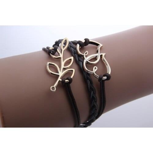 Fashion Women Jewelry Love And Leaves Wax Rope Bracelets Ab051