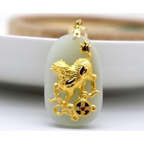 Men Women Necklace Hetian Jade 24k Gold Lucky Kirin Fine Pendants Male Female Femme Jewelry Top Quality Hot Sale
