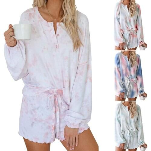 2020 Autumn New European and American Tie Dye Home Wear Long Sleeve Shorts Tie Dye Pajamas Two Piece Set