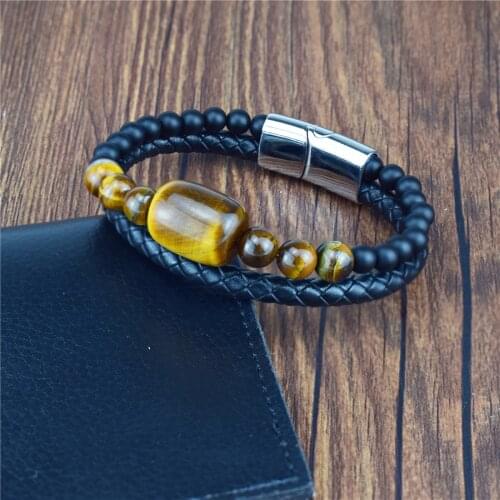 New Men Beaded Bracelet Black Vintage Leather Braclet Natural Tiger Eye Stone Beads Stainless Steel Women Magnet Clasp Bracelet