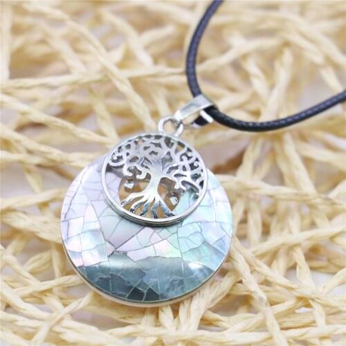 28mm Round Grid Tree Abalone Freshwater Shell Pendant Necklace Slide Black Rope Chain Women Neckwear Alloy Jewelry Making Design