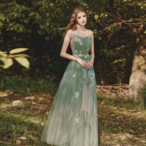 Light Dress Simple Classic Women Dress Applique Tulle Ruffle Floor Length Butterfly Spaghrtti Strap Party Dress Custom Made