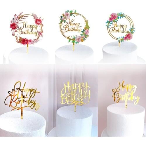 Promotional Flowers Happy Birthday Cake Topper Gold Acrylic Cake Toppers For Birthday Party Cake Decorations Dessert Supplies