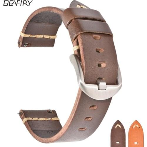 BEAFIRY Genuine Leather Watch Band Strap 20mm 22mm 24mm Quick Release Retro Watchband Brown for fossil