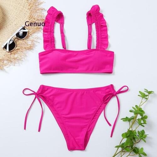 Sexy Red Ruffled Frilled Bikini Female Swimsuit Women Swimwear Two-Pieces Bikini Set Mid Waist Bather Bathing Suit Swim