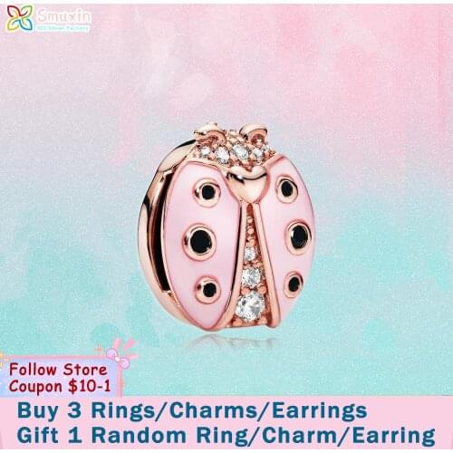 Smuxin 925 Sterling Silver Bead Pink Ladybug Clip Charm fit Original Pandora Bracelets for Women Jewelry Making Girl Gift