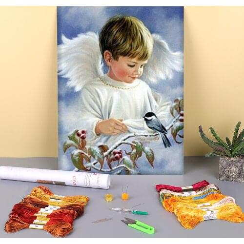 Angel Girl Boy Flowers Printed Fabric 11CT Cross-Stitch Embroidery Patterns DMC Threads Painting Knitting Craft Gift