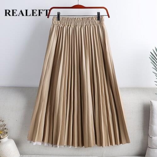 REALEFT Autumn Winter Black Faux PU Leather Pleated Skirts 2021 New High Waist All-match Elegant Umbrella Midi Skirt Female