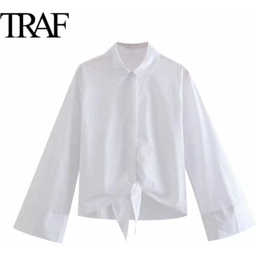 Traf Za Women Clothing Spring Autumn Long Sleeve Blouses Chic Loose Bowknot White Shirts French Fashion Button Up Tops Mujer