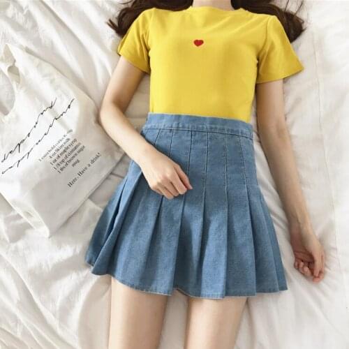 2021 New Fashion Summer Women Skirt High Waist Stitching Student Denim Pleated Skirts Women Cute Sweet Girls Dance Mini Skirt