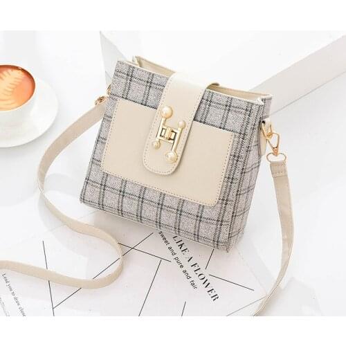 Womens Bag Portable One Shoulder Cross Zipper Hardware Belt White Check Bucket Girls Bags