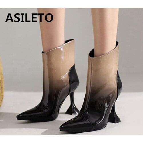 10cm Thin Heels Ankle Boots Patent Leather Women Sexy Lady Pointed Toe Shoes 2021 New Autumn Apricot Red Zip Patchwork S2355