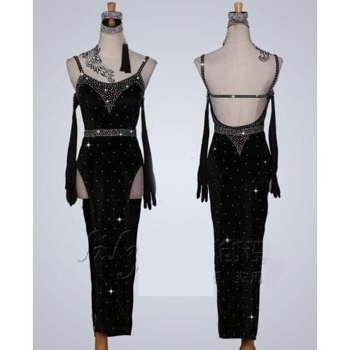 Customize Latin Dance Dresses For Women Sexy Sling Latin Costumes Club Party Lady Dancer Singer Diamonds Long Black Dress DL3707