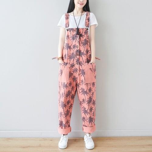 Women Loose Hawaii Trees Printed Jumpsuits Ladies Pockets Overalls Female 2021 Fashion Casual Button Long Pants Rompers
