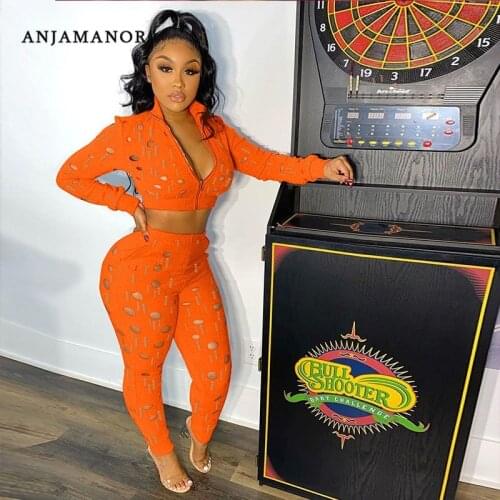 ANJAMANOR Sexy Hollow Out Hole Two Piece Set Women Top and Pants Fall Winter Outfit Zip Up Jacket Matching Sets D26-DD40