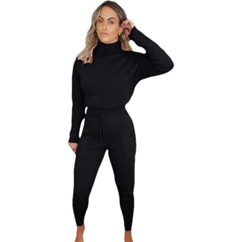 Spring Autumn Womens Solid Color Sport Set Long Sleeve High-neck Sweatshirt and Drawstring Pants Two-piece Tracksuit