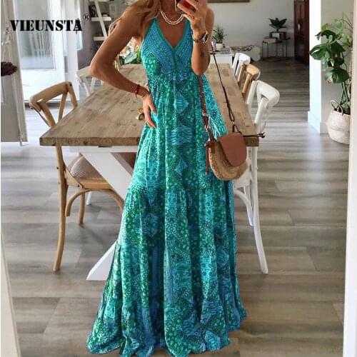 2021 Boho Style V Neck Floral Print Long Dress Women Elegant Sleeveless Sling Party Dress Spring Summer Loose Maxi Beach Dresses