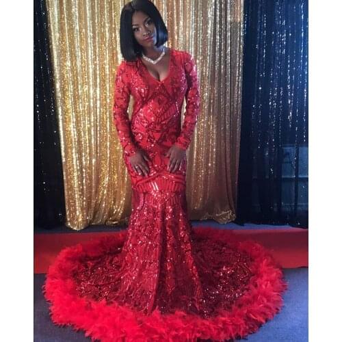 2019 Bling Bling Red Mermaid Long Sleeves Prom Dresses With Feathers V Neck Plus Size Graduation Party Dress Formal Gown DP0028
