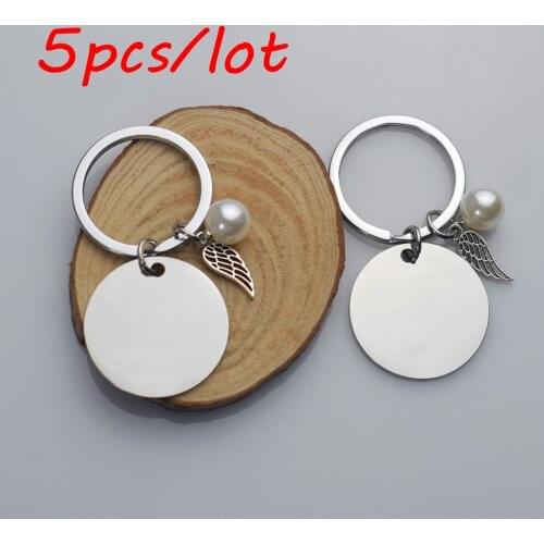 5Pcs/lot Blank Keychain with Wings Pearls Charm Double-Sided Mirror Polish Engravable Stainless Steel Diy Round Pendant Keyring