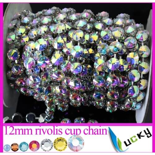 5 yards 12mm Stronggest Thickest round chain link with super shine Crystal ab Rivolis top quality pointback rhinestones