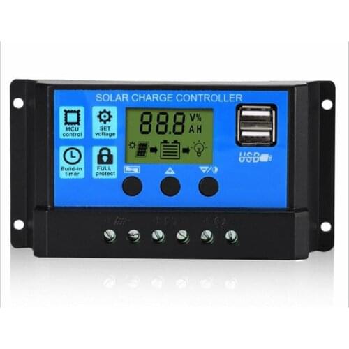 60A/50A/40A/30A/20A/10A 12V 24V Auto Solar Charge Controller PWM Controllers LCD Dual USB 5V Output Solar Panel PV Regulator