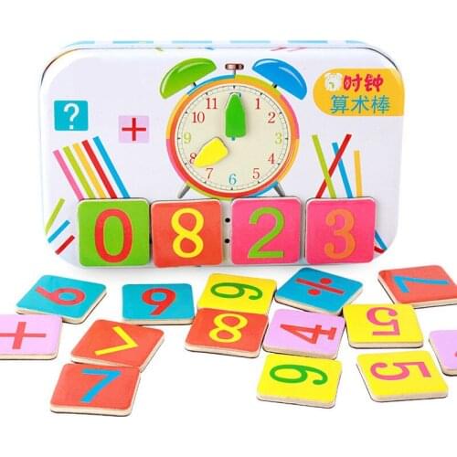 Wooden Math Toys Childrens Wooden Clock Learning Box Puzzle Early Education
