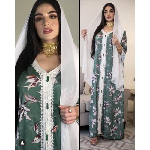 Printed long lace dressDubai Abaya Turkey Kimono Hijab Muslim Dress Caftan Kaftan American Islam Clothing Abayas For Women Robe