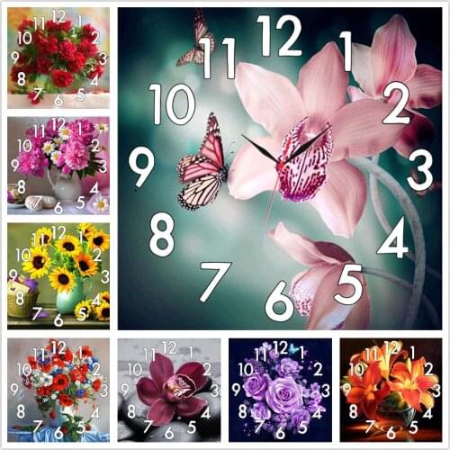 Dpsprue Full Diamond Painting Cross Stitch With Clock Mechanism Mosaic 5D Diy Square Round Flower 3d Embroidery Gift HG22