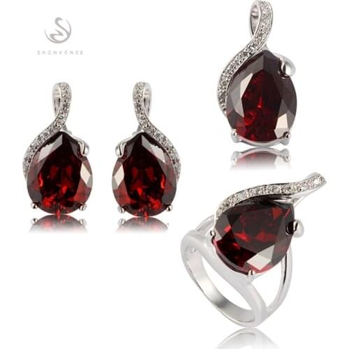 Fleure Esme Luxury Charms jewelry sets women wedding Shinning (ring/earring/pendant) Red Cubic Zirconia Rhodium Plated R840set
