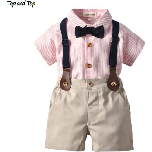 Top and Top Summer Infant Baby Boy Casual Gentleman Short Sleeve Striped Bow Tie Shirt+Overalls Shorts 2Pcs Outfits Clothes Set