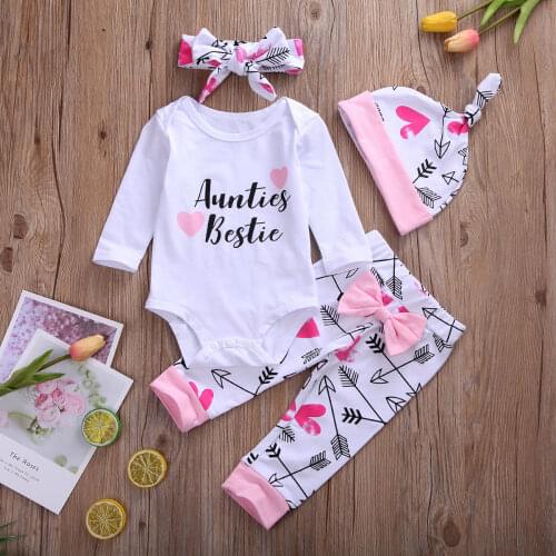 Toddler Girls Clothing Sets 2021 Spring Children Clothes Bodysuit+Arrow Prints Pants+Hats+Headband Outfits Kids Girls Suit 4Pcs