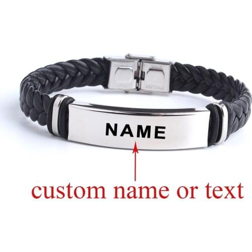 Black Sesame medicine Custom name Leather Bangle & Bracelet Personalized Stainless Steel Bracelets For Women Men ID Bracelet