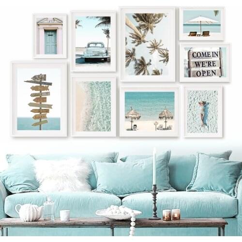 Palm Beach Ocean Door Car Woman Road Sign Wall Art Canvas Painting Nordic Posters And Prints Wall Pictures For Living Room Decor