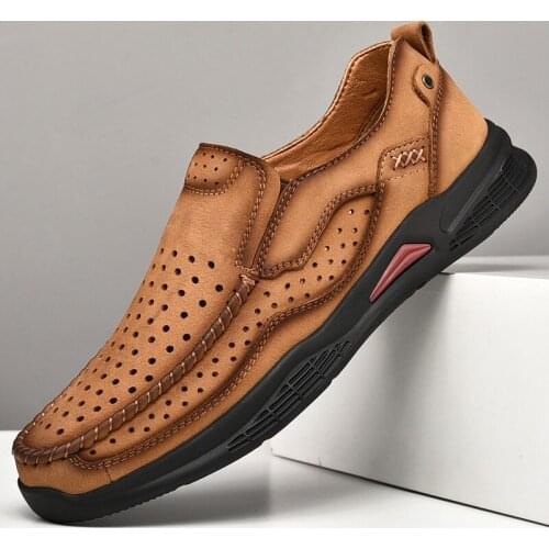 New Genuine Leather Casual Men Shoes Hollow Out Breathable Male Flats Slip On Loafers Bussiness Mens Sneakers Summer Boat Shoes