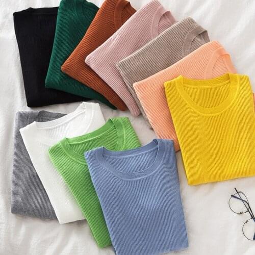 New Stripe Solid Color Womens Sweaters Fashion Computer Knitted Round Collar Casual Woman Sweater Slim Fit Lady Sweater