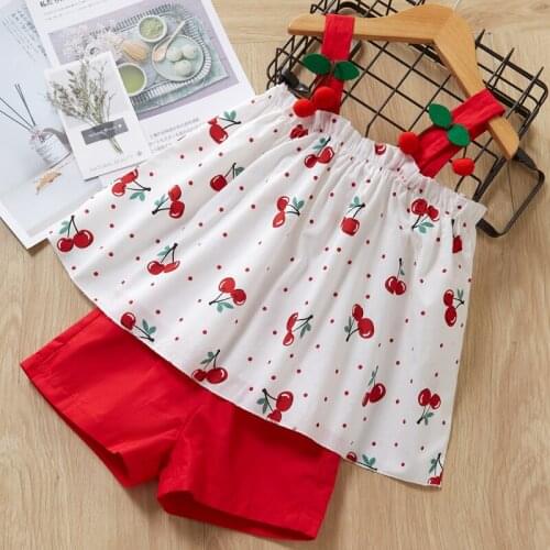 New Baby Girl Suit Summer Kids Girl Casual Cute Suit Girl Red Cherry Print Short Sleeve Shirt Solid Color Shorts 2 Pieces Set
