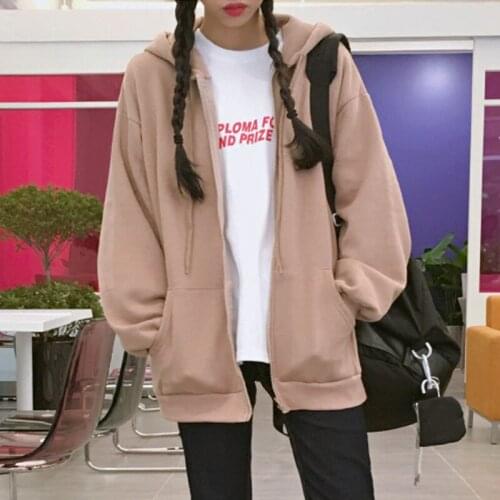 Solid Color Simple Zip Hooded Sweatshirt Autumn Jacket Top Oversized Hoodie Retro Pocket Woman Clothes Long Sleeve Pullover