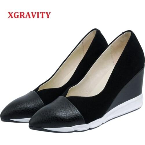 XGRAVITY V Mouth Sexy Genuine Leather Lady High Heel Dress Wedges Design Pointed Toe Woman High Heels Ladies Party Shoes A063