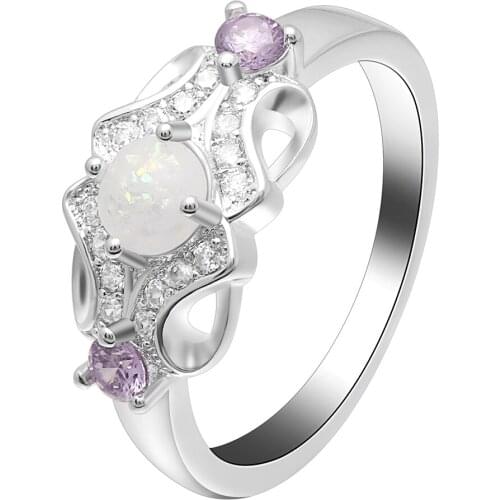 Romantic Charm Princess White Color Round Fire Opal Ring Double Purple CZ Silver Color Jewelry Promise Engagement Ring For Women