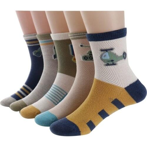 Spring Summer New Children Socks Cartoon Aircraft Cannon Breathable Mesh Boys Socks 3-15 Year Kids Socks 5 pairs / lot