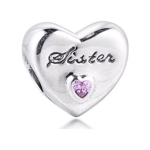 Fits Pandora Charms Silver 925 Original DIY Beads 925 Sterling Silver Pink CZ Sisters Love Heart Charm for Women Jewelry Making