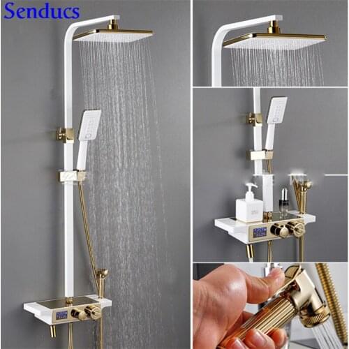 Senducs White Gold Thermostatic Shower Set 8 Inch Rain Shower Head Luxury White Gold Bathroom Digital Shower Set with Gold Bidet