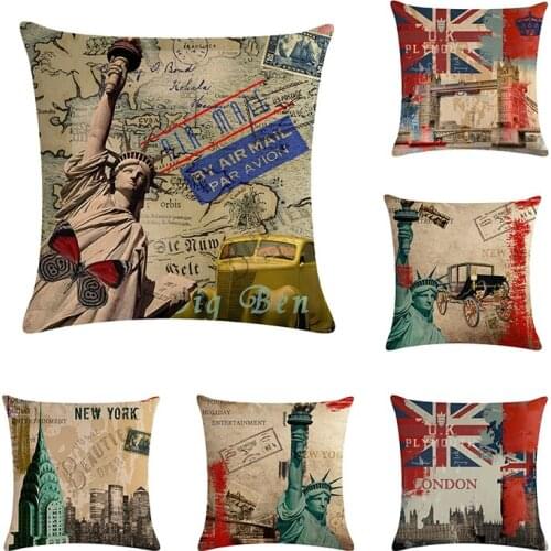Vintage Flag Cushion Cover Cotton Linen Eiffel Tower Statue of Liberty Pattern Pillowcase 45x45cm Throw Pillow Cover Home Decor