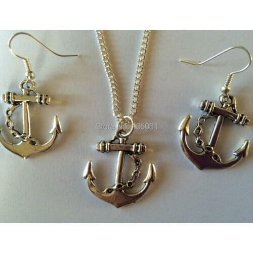 Vintage Silver NAUTICAL ANCHOR Charms Statement Choker Pendant Necklace Earrings Jewelry Sets For Women DIY Friendship Gift