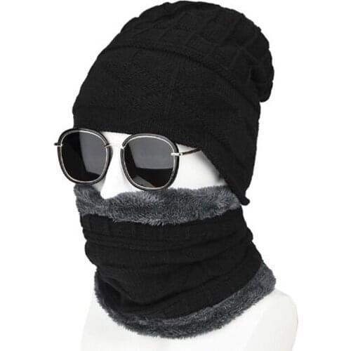 XEONGKVI Korean Diamond Grid Knitted Cap Scarf Set Winter Warm Cycling Collar Skullies Beanies Hats For Men Hat Scarf Suit